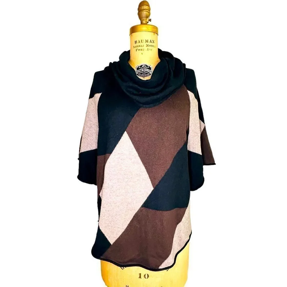 Style & Co Petite Geometric Black and Brown Cowl neck Poncho Sweater Small